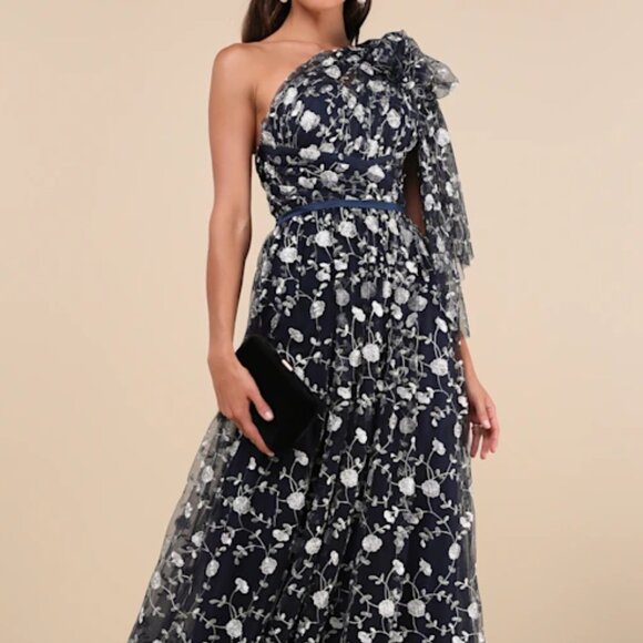 Lulu's Whimsical Allure Navy Mesh Embroidered One-Shoulder Maxi Dress - Picture 1 of 10